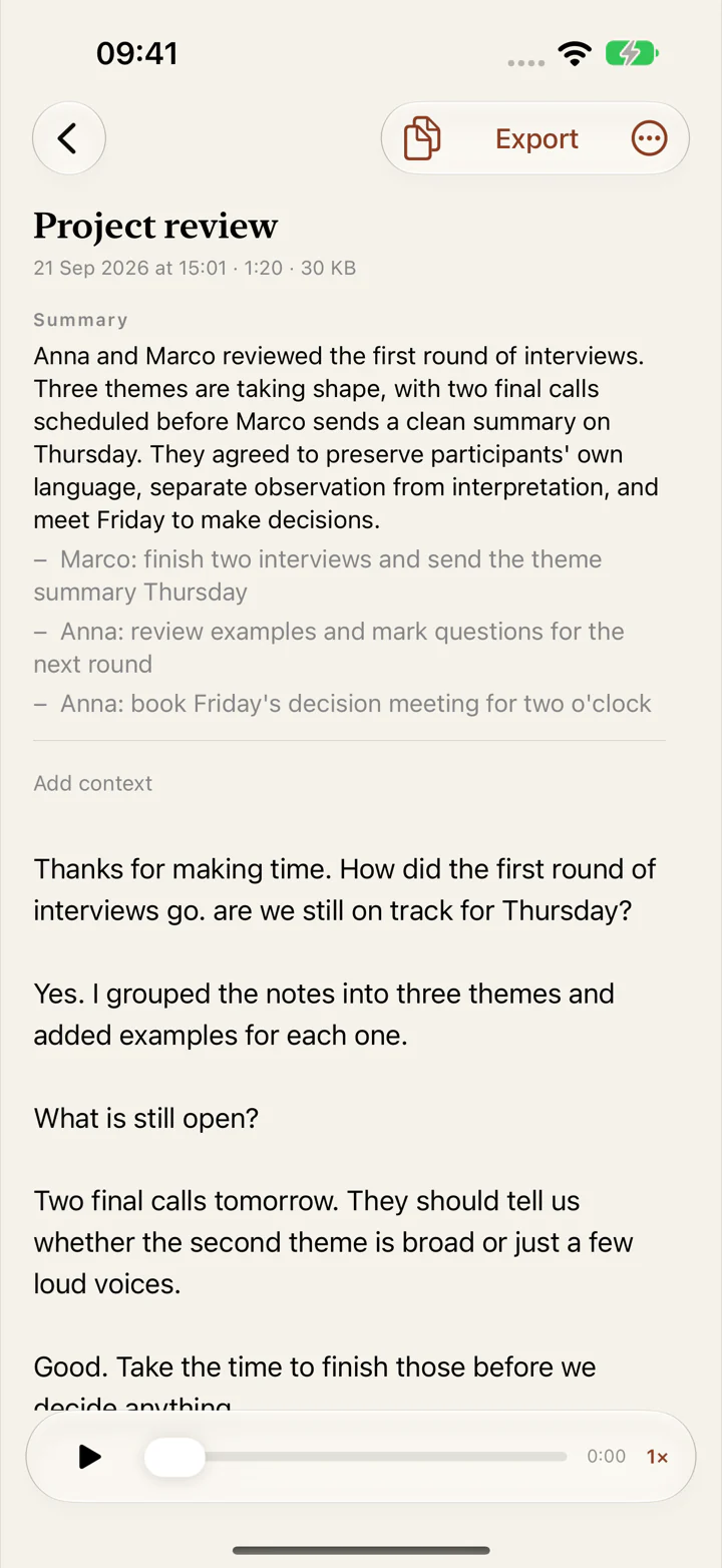 A recording titled Project review, with a summary, action items and the transcript below