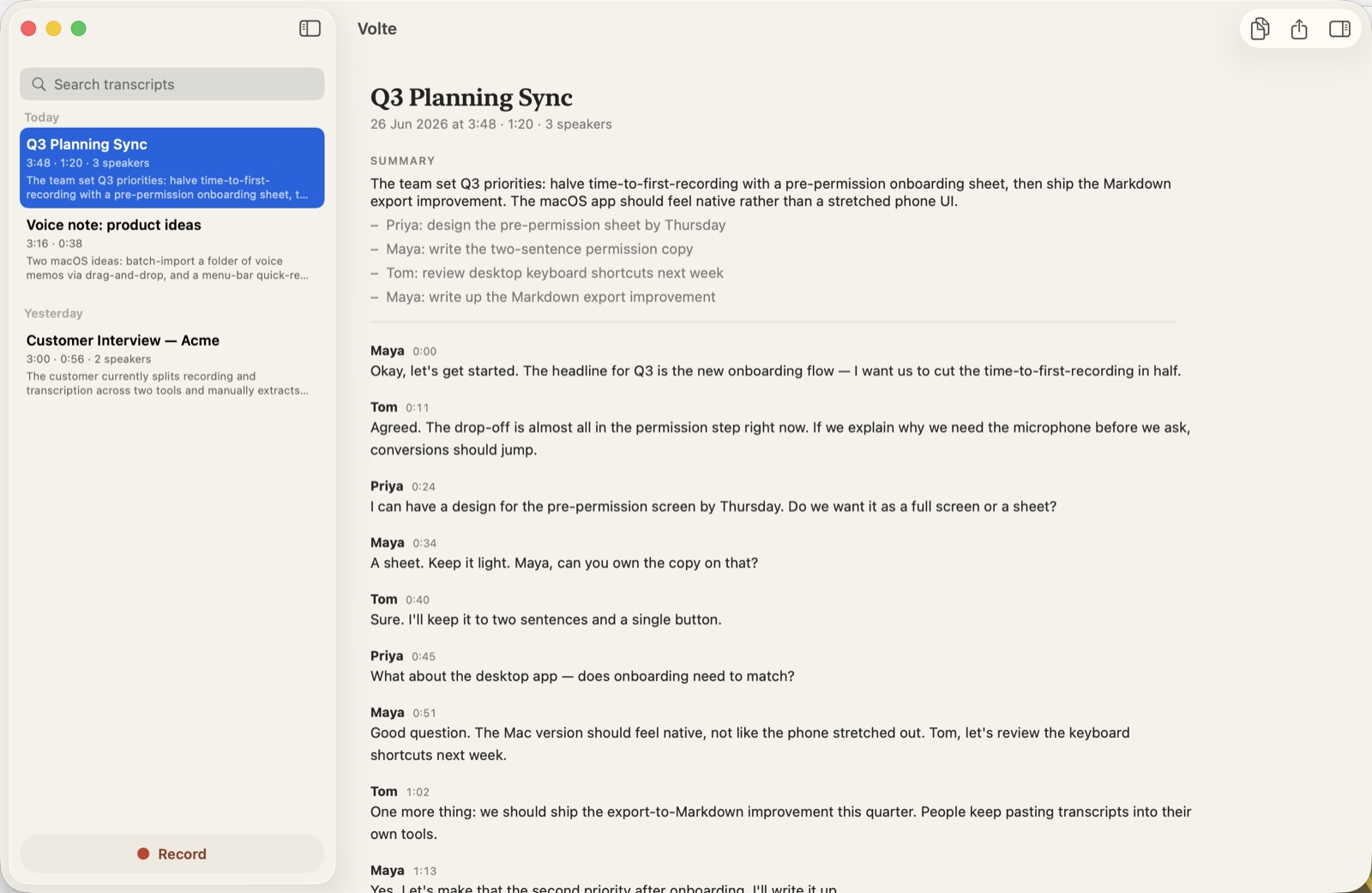 Volte for Mac: a sidebar of recordings beside a speaker-labelled transcript with a summary and action items.